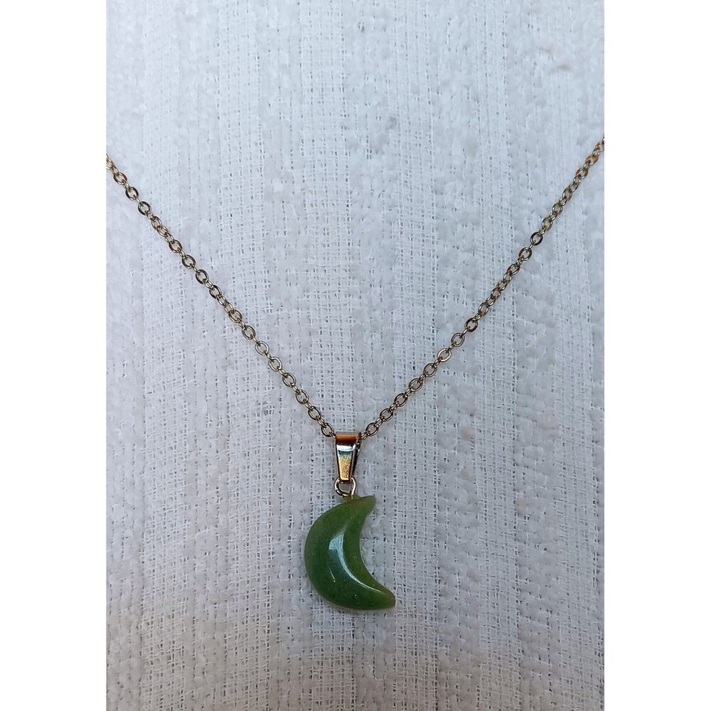 Natural Green Aventurine Crescent Moon Pendant Necklace Silvertone Chain 18 in